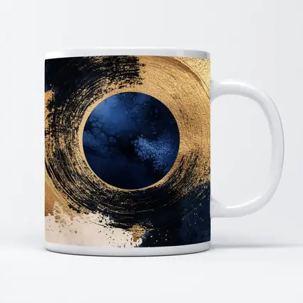 Gold Circle Brushstroke Abstract Dark Blue Art