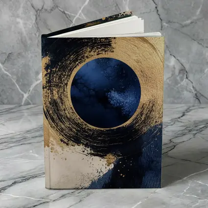 Gold Circle Brushstroke Abstract Dark Blue Art