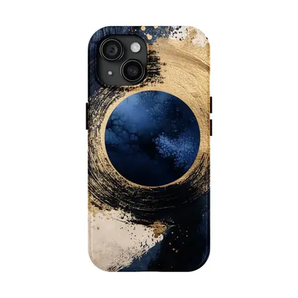 Gold Circle Brushstroke Abstract Dark Blue Art