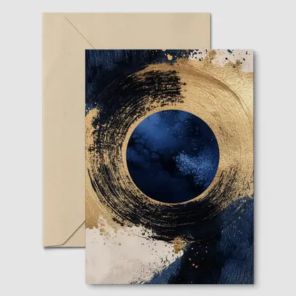 Gold Circle Brushstroke Abstract Dark Blue Art