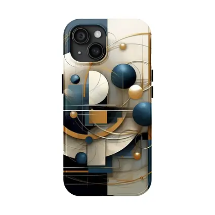 Abstract Blue Gold Geometric Spheres Art