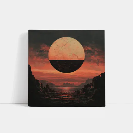 Dark Red Planet Over Rocky Coastal Landscape