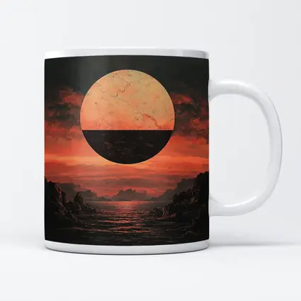 Dark Red Planet Over Rocky Coastal Landscape
