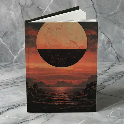 Dark Red Planet Over Rocky Coastal Landscape