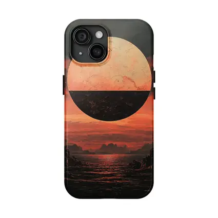 Dark Red Planet Over Rocky Coastal Landscape