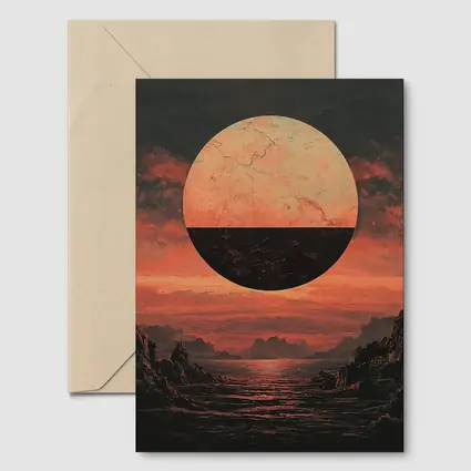 Dark Red Planet Over Rocky Coastal Landscape