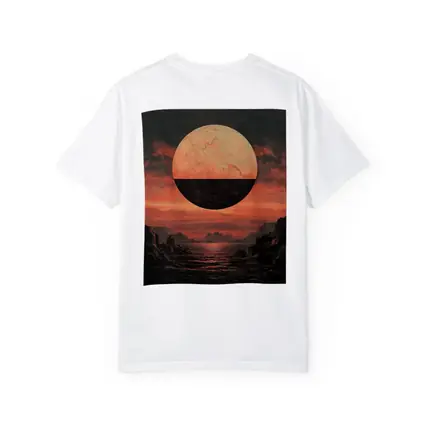 Dark Red Planet Over Rocky Coastal Landscape