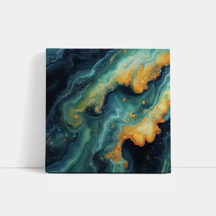 Dark Teal Gold Swirling Marble Abstract Art