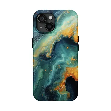 Dark Teal Gold Swirling Marble Abstract Art