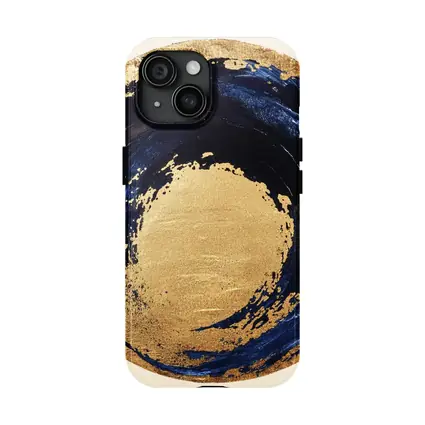 Navy Blue Gold Abstract Circle Swirl Art