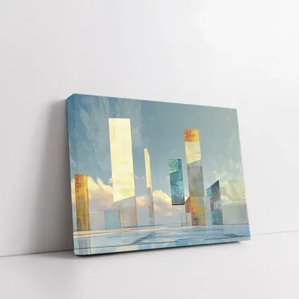 Abstract Geometric Towers Against Cloudy Sky