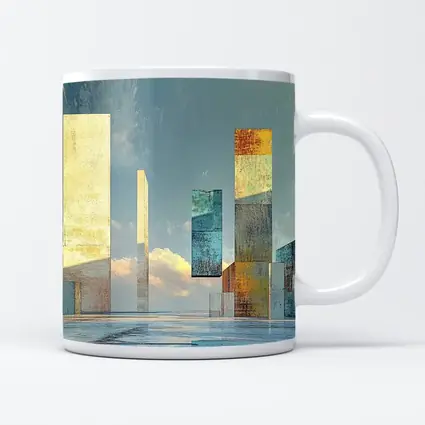 Abstract Geometric Towers Against Cloudy Sky