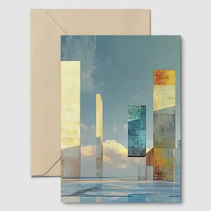 Abstract Geometric Towers Against Cloudy Sky
