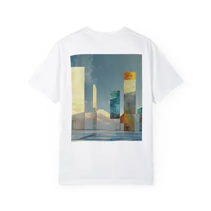 Abstract Geometric Towers Against Cloudy Sky