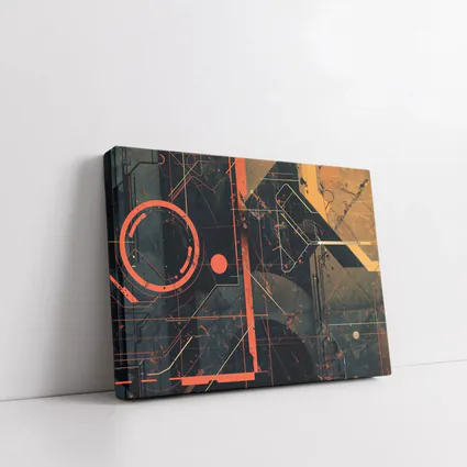 Dark Cyberpunk Circuit Grid Orange Abstract Art