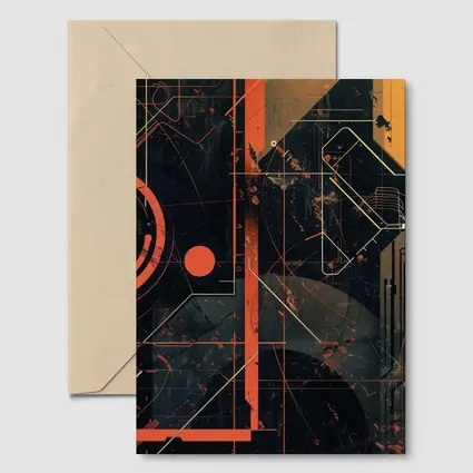 Dark Cyberpunk Circuit Grid Orange Abstract Art