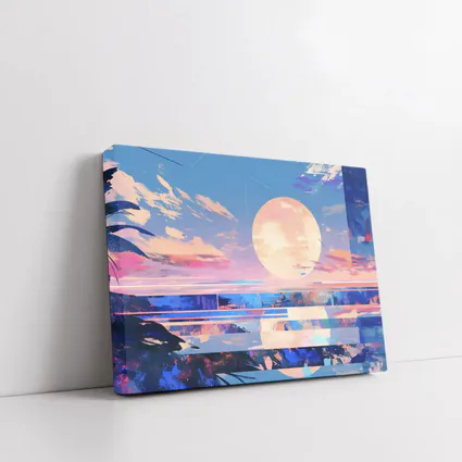 Anime Sunset Full Moon Coastal Landscape Art