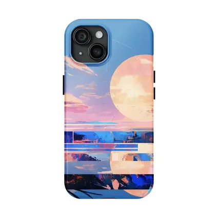 Anime Sunset Full Moon Coastal Landscape Art