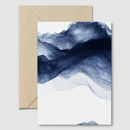 Dark Blue Ink Wash Mountain Landscape Art