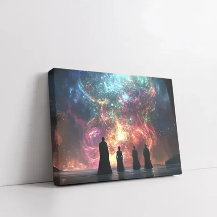 Figures Before Cosmic Nebula Fantasy Scene