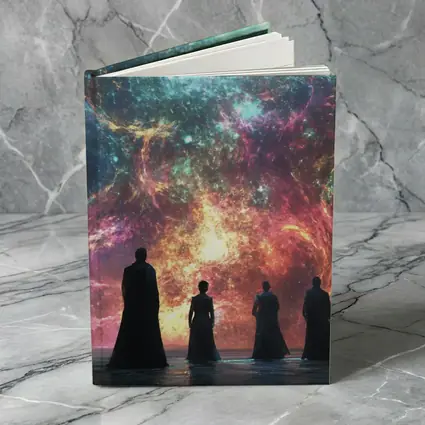 Figures Before Cosmic Nebula Fantasy Scene