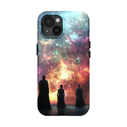 Figures Before Cosmic Nebula Fantasy Scene