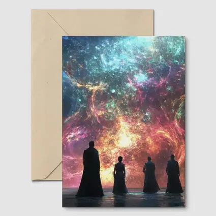 Figures Before Cosmic Nebula Fantasy Scene