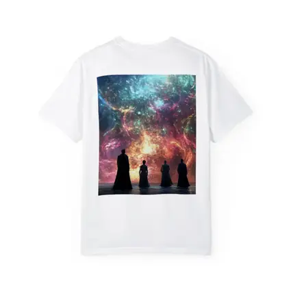 Figures Before Cosmic Nebula Fantasy Scene