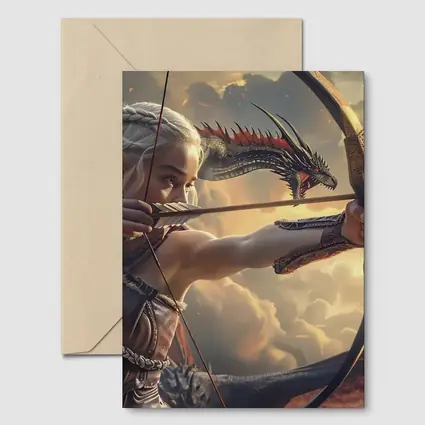 Fantasy Warrior Woman Archer Dragon Sky