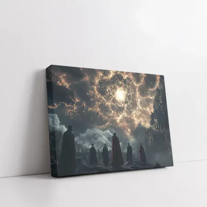Cloaked Figures Before Glowing Cosmic Portal