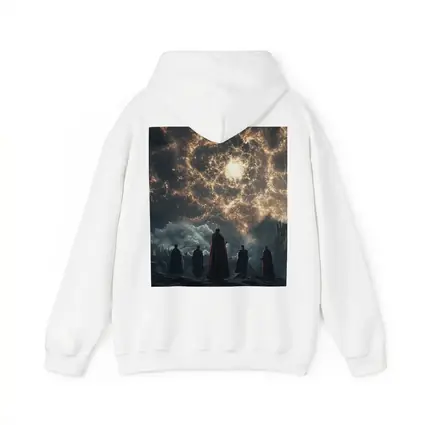 Cloaked Figures Before Glowing Cosmic Portal
