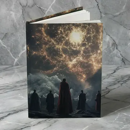 Cloaked Figures Before Glowing Cosmic Portal
