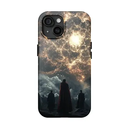 Cloaked Figures Before Glowing Cosmic Portal