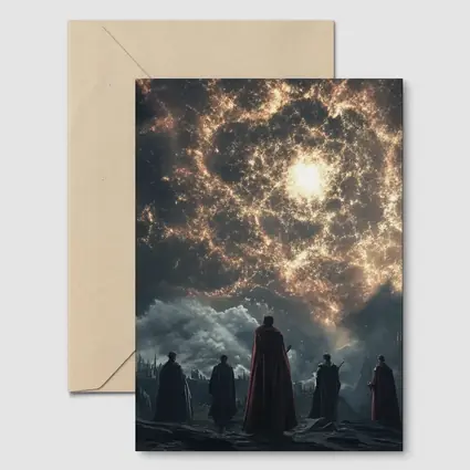 Cloaked Figures Before Glowing Cosmic Portal
