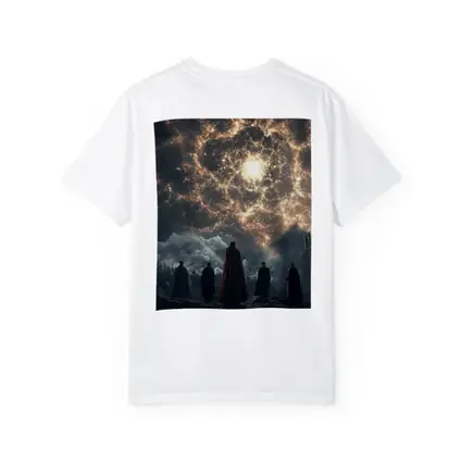 Cloaked Figures Before Glowing Cosmic Portal