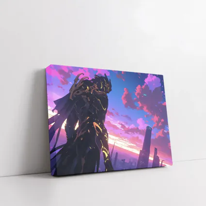 Anime Mech Warrior Over Futuristic City Sunset