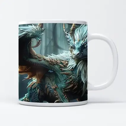 Blue Dragon With Feathers In Misty Forest