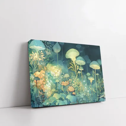Glowing Mushrooms Fantasy Garden Watercolor Art