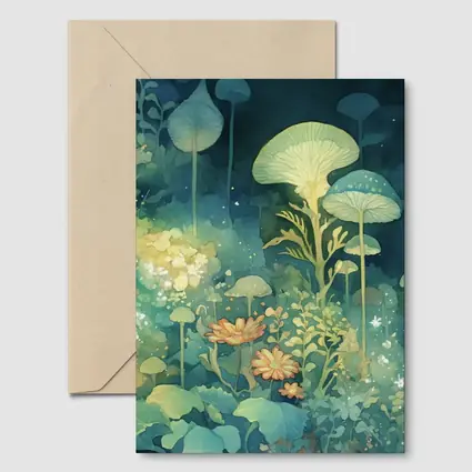 Glowing Mushrooms Fantasy Garden Watercolor Art