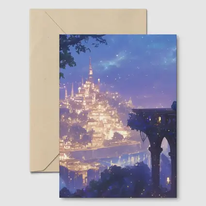 Anime Girl Overlooking Glowing Fantasy City