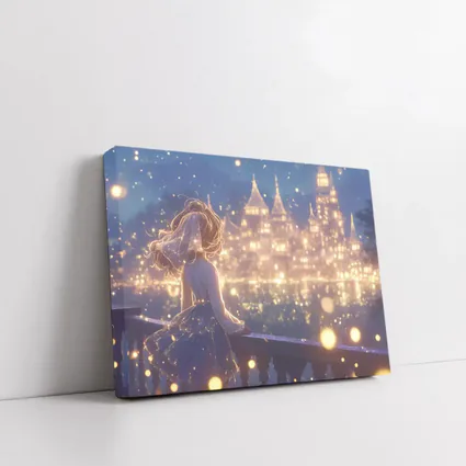 Anime Girl Watching Glowing Fantasy Castle Night
