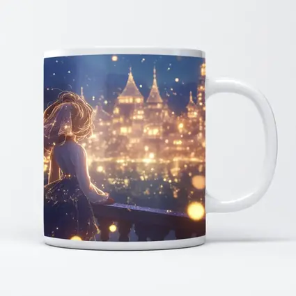Anime Girl Watching Glowing Fantasy Castle Night