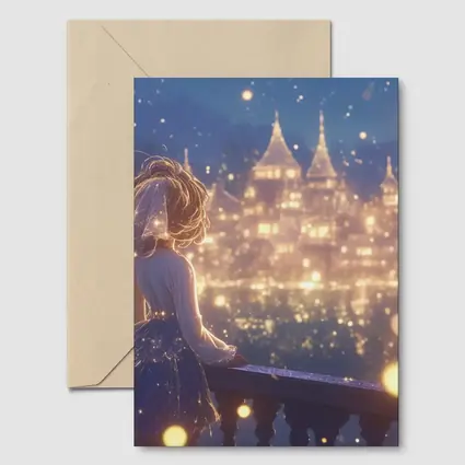 Anime Girl Watching Glowing Fantasy Castle Night