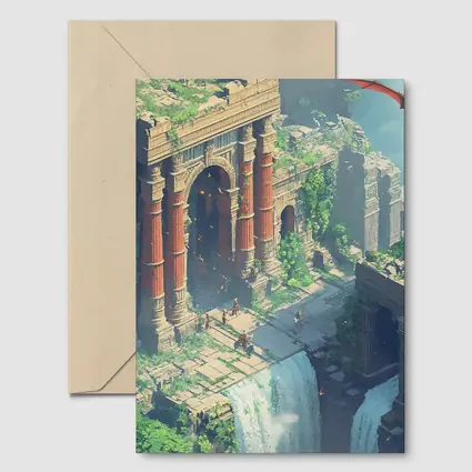 Fantasy Ruins Dragon Waterfall Pixel Art