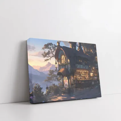 Fantasy Tavern Glowing Mountain Sunset Anime