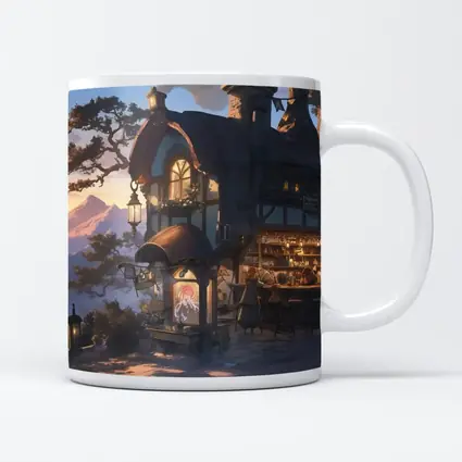 Fantasy Tavern Glowing Mountain Sunset Anime