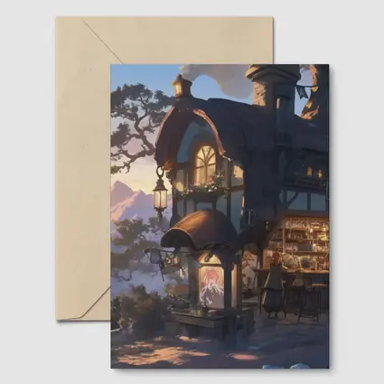 Fantasy Tavern Glowing Mountain Sunset Anime