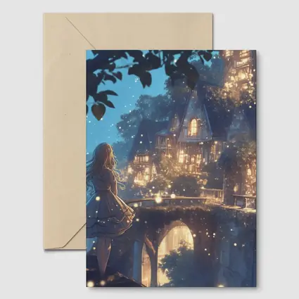 Anime Girl Glowing Fantasy Village Night