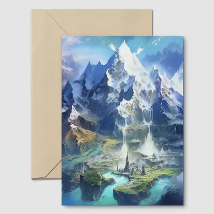Fantasy Mountain City Waterfall Blue Sky