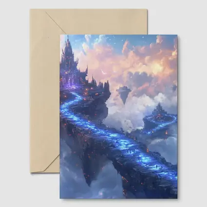 Fantasy Floating Castle Glowing Blue Sky Bridge